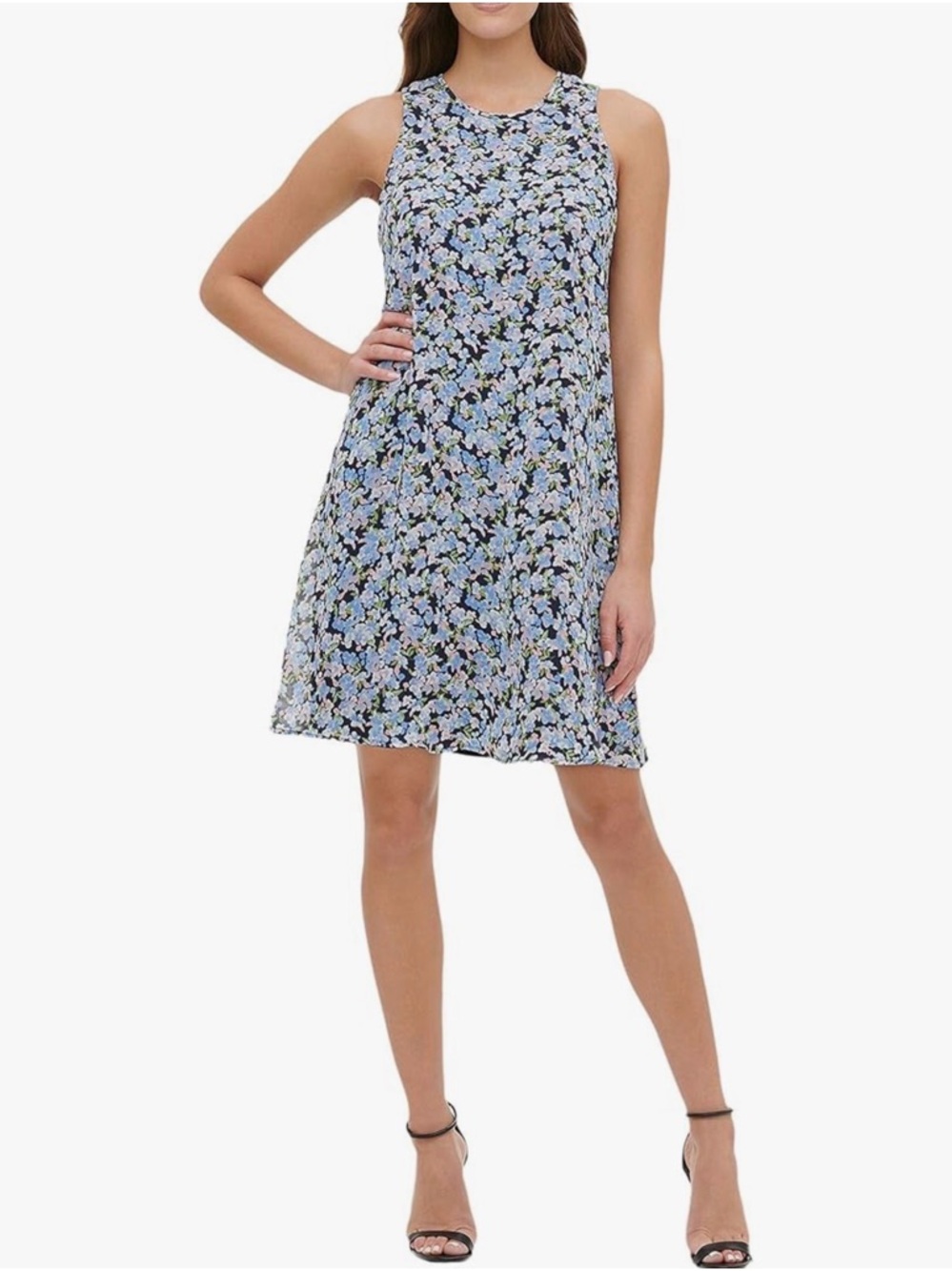 Tommy Hilfiger Sleeveless Floral Trapeze Dress in Light Blue and Black